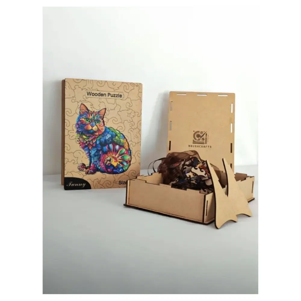Coffret de puzzle en bois artisanal Chat Coloré avec logo BrushCrafts.
