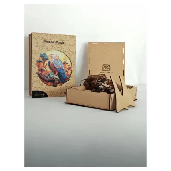 Coffret de puzzle en bois artisanal Aigle majestueux avec logo BrushCrafts.