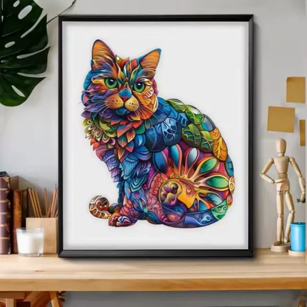 Puzzle en bois Chat Coloré motifs psychédéliques BrushCrafts