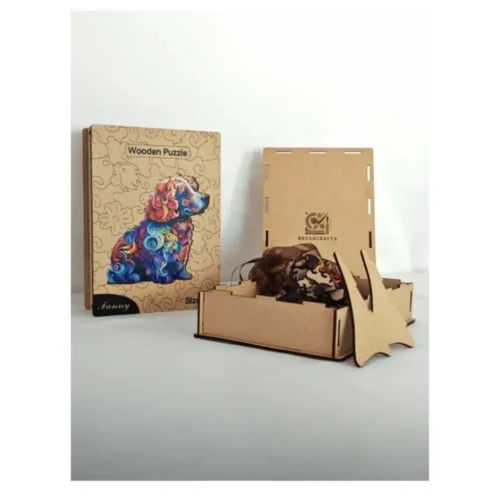 Coffret de puzzle en bois artisanal Cocker avec logo BrushCrafts.