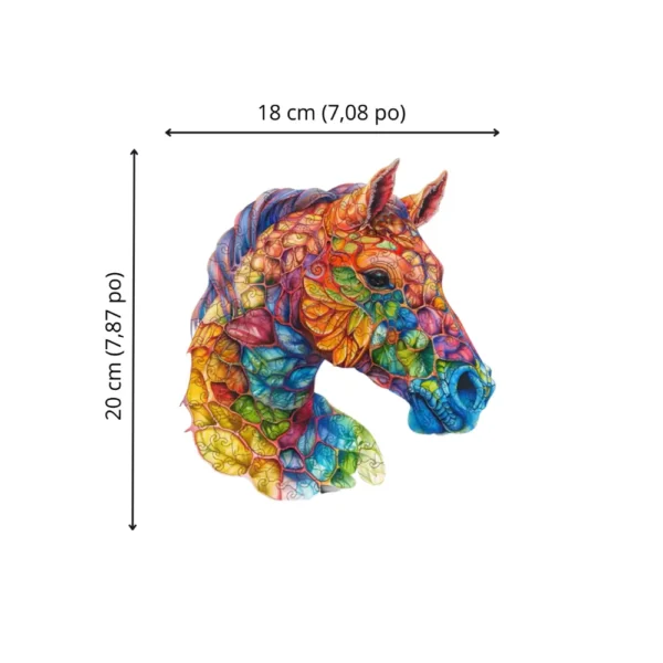 Dimensions du puzzle en bois Tête de Cheval assemblé : 18 × 20 cm.