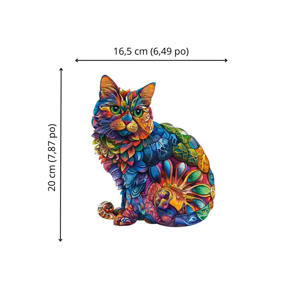 Dimensions du puzzle Chat Coloré (20 cm) pour évaluer la taille avant achat.