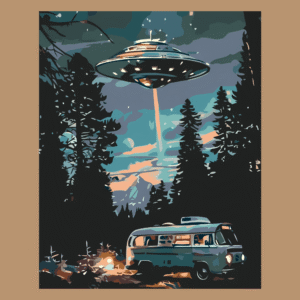 Kit peinture par numéros Ovni et Van vintage ambiance nocturne châssis bois
