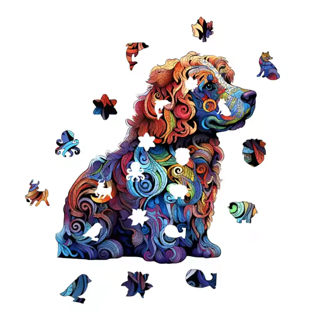 Détails des pièces de puzzle Cocker en bois BrushCrafts découpées en formes d'animaux.