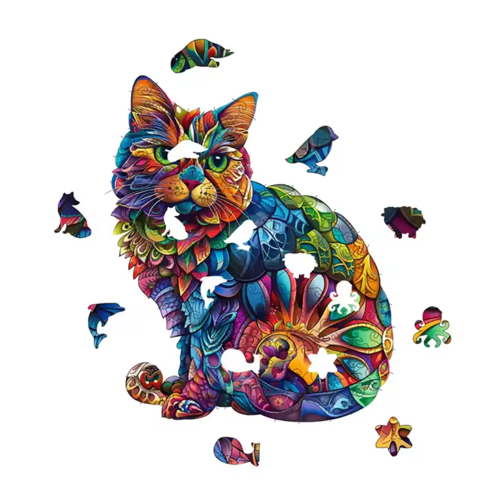 Détails des pièces de puzzle Chat en bois BrushCrafts découpées en formes d'animaux.