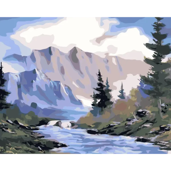 Peinture par numéros Montagnes et Rivière et forêt de sapins sur châssis bois