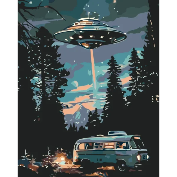Kit peinture par numéros Ovni et Van vintage ambiance nocturne châssis bois