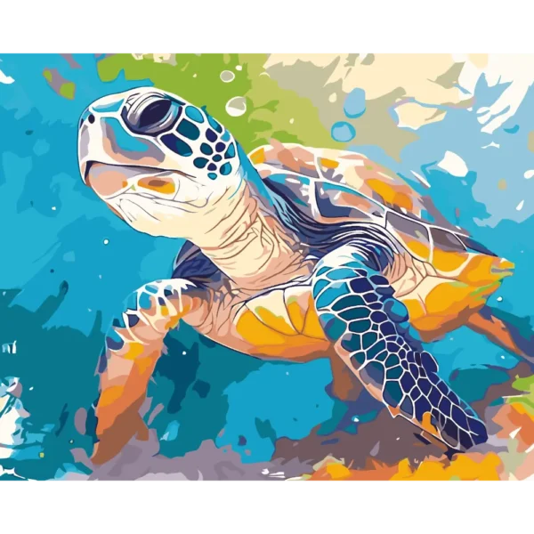 Peinture par numéros Tortue de Mer nageant océan couleurs vives sur châssis bois