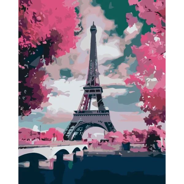 Peinture par numéros Paris et tour Eiffel et cerisiers en fleurs rose sur châssis bois