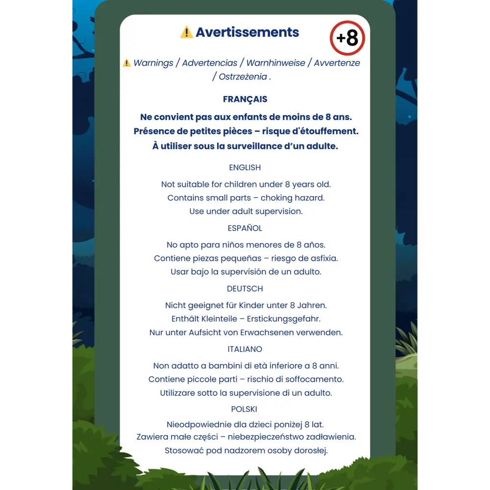 Fiche de sécurité multilingue pour le puzzles chat coloré en bois BrushCrafts (+8 ans).
