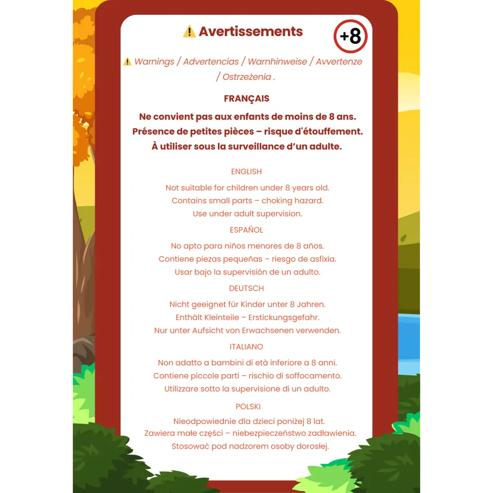 Fiche de sécurité multilingue pour le puzzles Cocker en bois BrushCrafts (+8 ans).