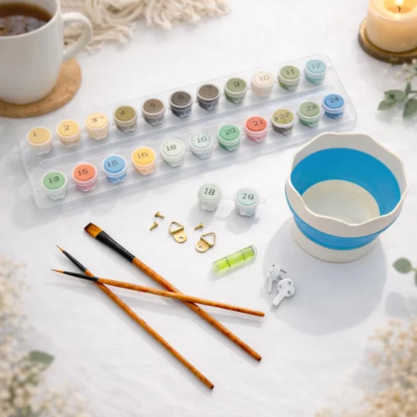 Accessoires du coffret de peinture : niveau à bulle, pot à eau pliable et pinceaux de précision.