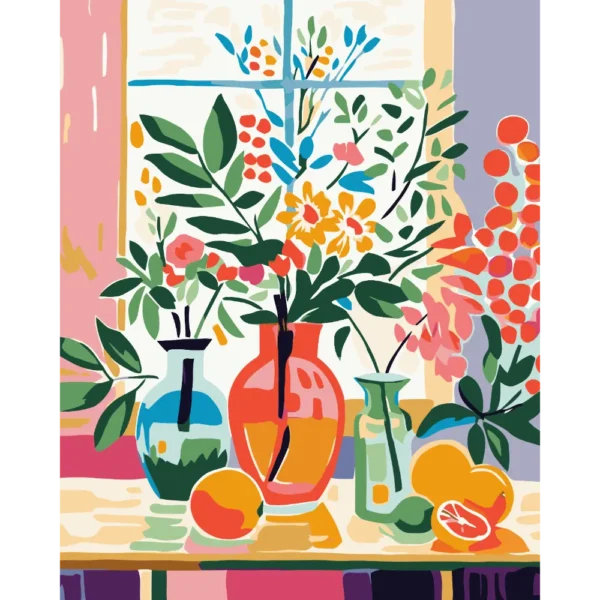 Peinture par numéros bouquet de fleurs fenêtre et agrumes sur châssis bois