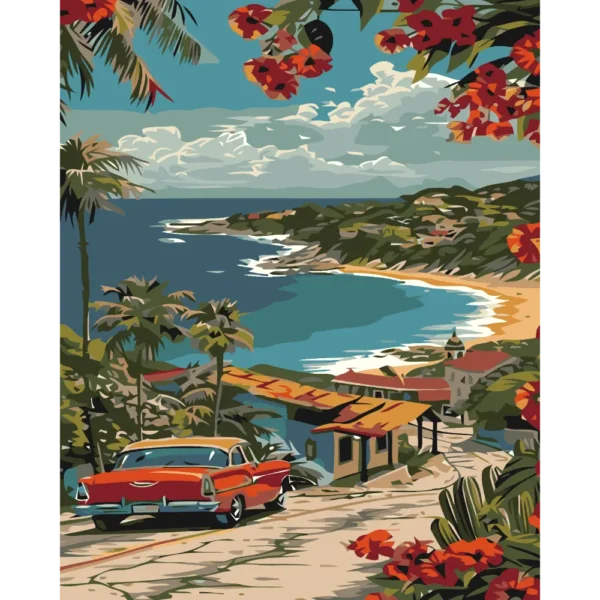 Peinture par numéros voiture ancienne rouge bord de mer baie azur sur châssis bois