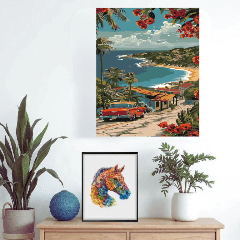 Exemple de décoration puzzles en bois et peinture par numéros sur un mur de salon.