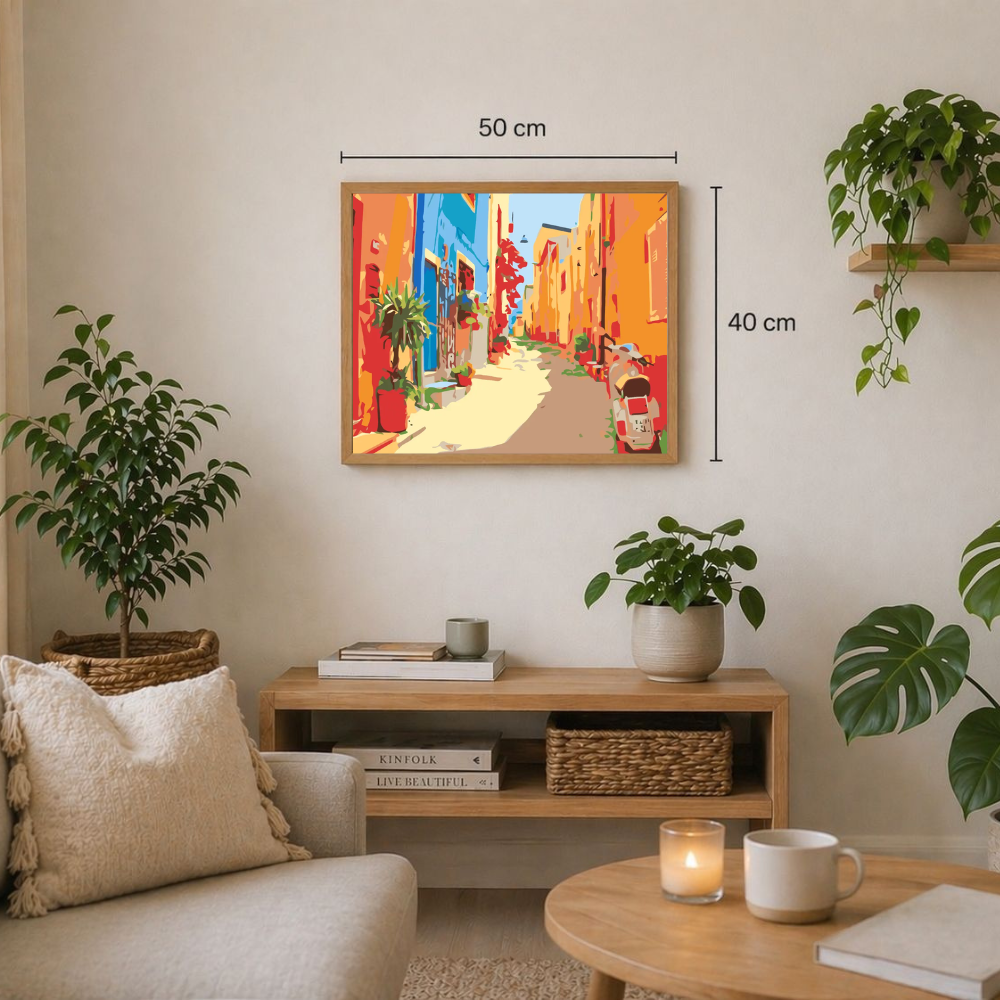 Peinture par numéros Ruelle aux façades Vives dimensions 50 x 40