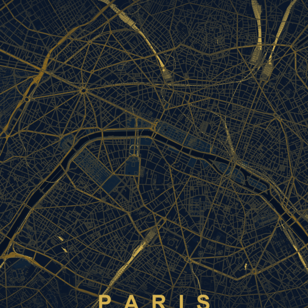 Affiche plan de Paris bleu nuit et or - décoration murale BrushCrafts
