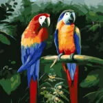 Affiche Duo de Perroquets : deux aras rouge, bleu et jaune perchés sur une branche dans la jungle