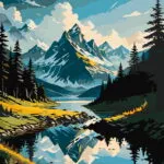 Affiche Sommets et Lac Miroir : sommet enneigé reflété dans un lac calme entouré de sapins