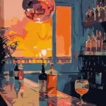 Affiche Bar & Boule à Facettes : boule à facettes, fenêtre orangée et verre posé sur un comptoir au coucher du soleil