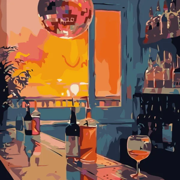 Affiche Bar & Boule à Facettes : boule à facettes, fenêtre orangée et verre posé sur un comptoir au coucher du soleil