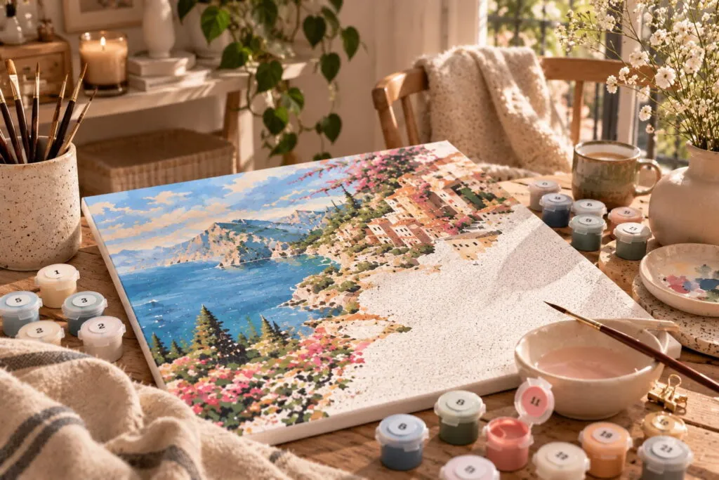 Toile de peinture par numéros d'un village côtier fleuri, à moitié peinte, posée sur une table en bois avec pots de peinture numérotés, pinceau et tasse