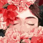 Affiche Visage aux Fleurs : visage aux yeux clos entouré de fleurs roses et rouges
