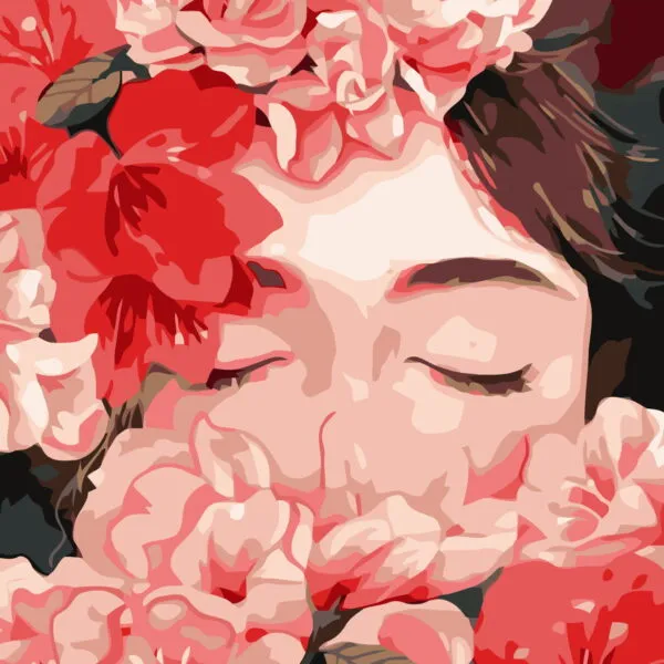 Affiche Visage aux Fleurs : visage aux yeux clos entouré de fleurs roses et rouges