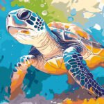 Affiche Tortue de Mer : tortue marine nageant dans une eau turquoise aux touches orange et vertes