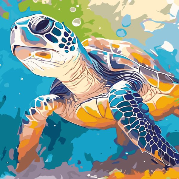 Affiche Tortue de Mer : tortue marine nageant dans une eau turquoise aux touches orange et vertes
