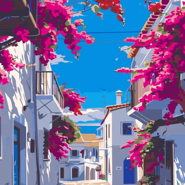 Affiche Bougainvilliers sur Murs Blancs : ruelle blanche sous un ciel bleu, bordée de bougainvilliers rose vif