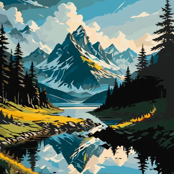 Affiche Sommets et Lac Miroir : sommet enneigé reflété dans un lac calme entouré de sapins